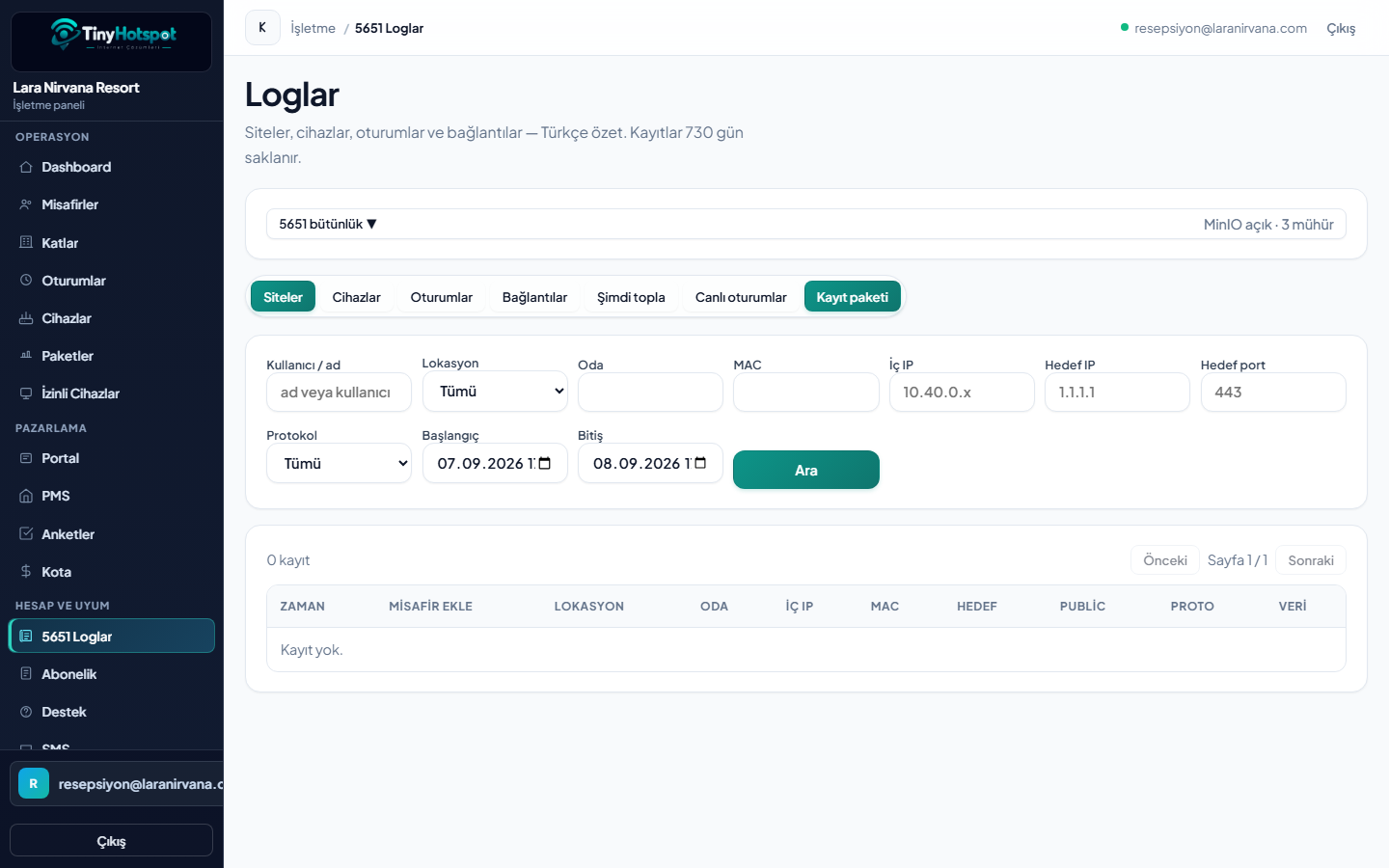 5651 loglar ekranı — arama ve kayıtlar
