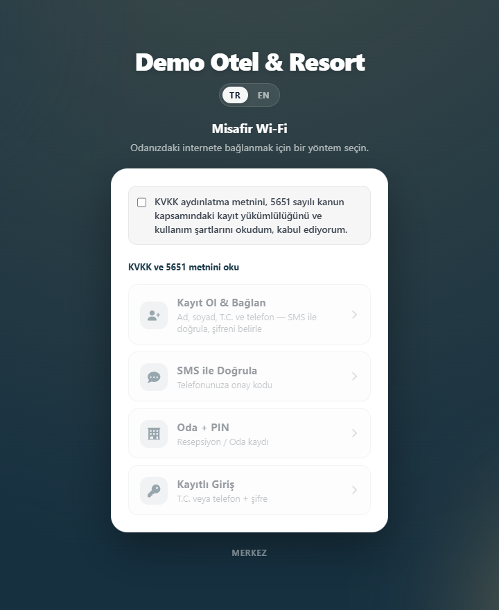 Misafir captive portal giriş ekranı: KVKK onayı ve dört kimlik doğrulama yöntemi